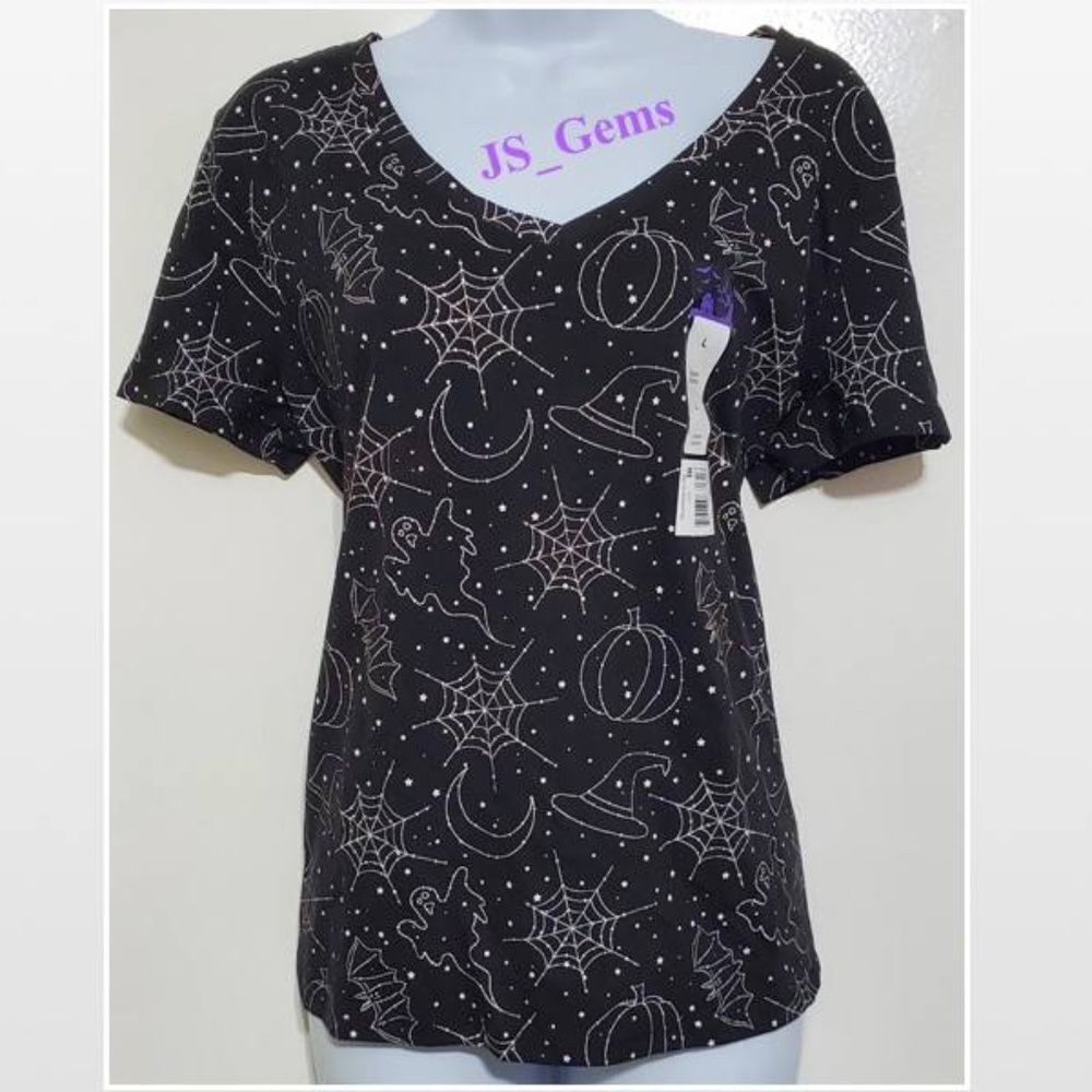 New Haunted House Symbol Top Womens Halloween Black White V-neck T Shirt NWT